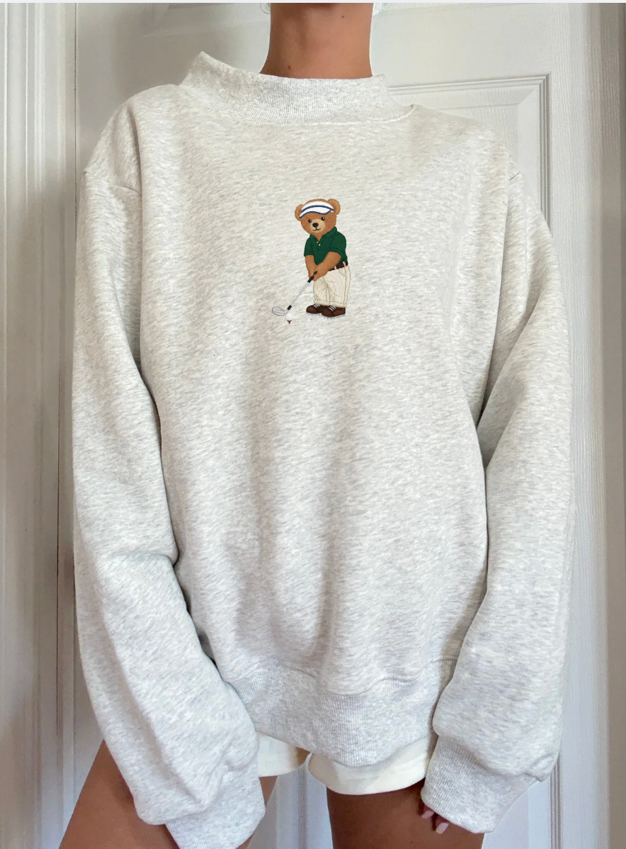 Teddy Bear Golf Embroider Mockneck Sweatshirt