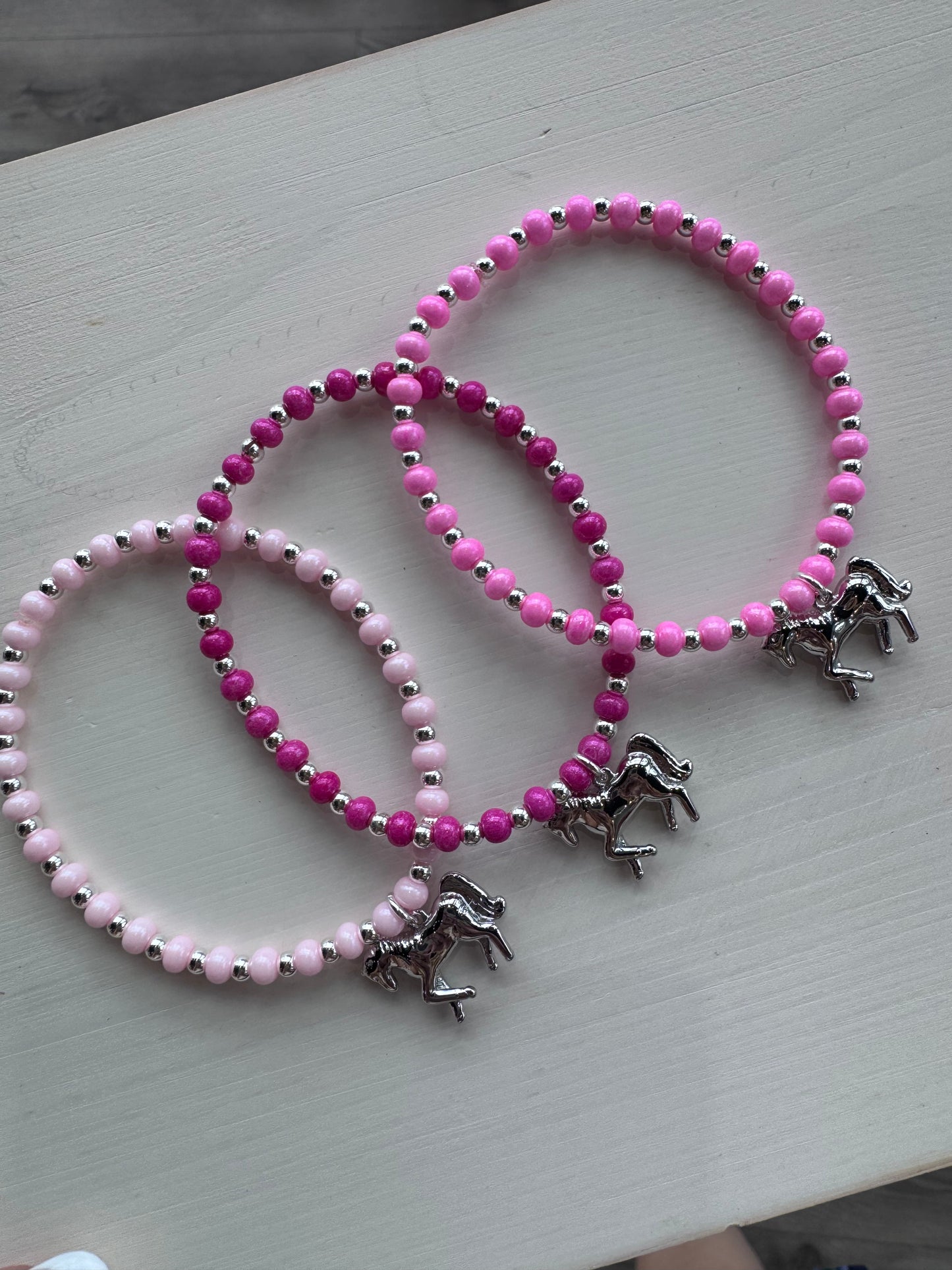 Pink and Silver Beaded Bracelet with Pony Charm