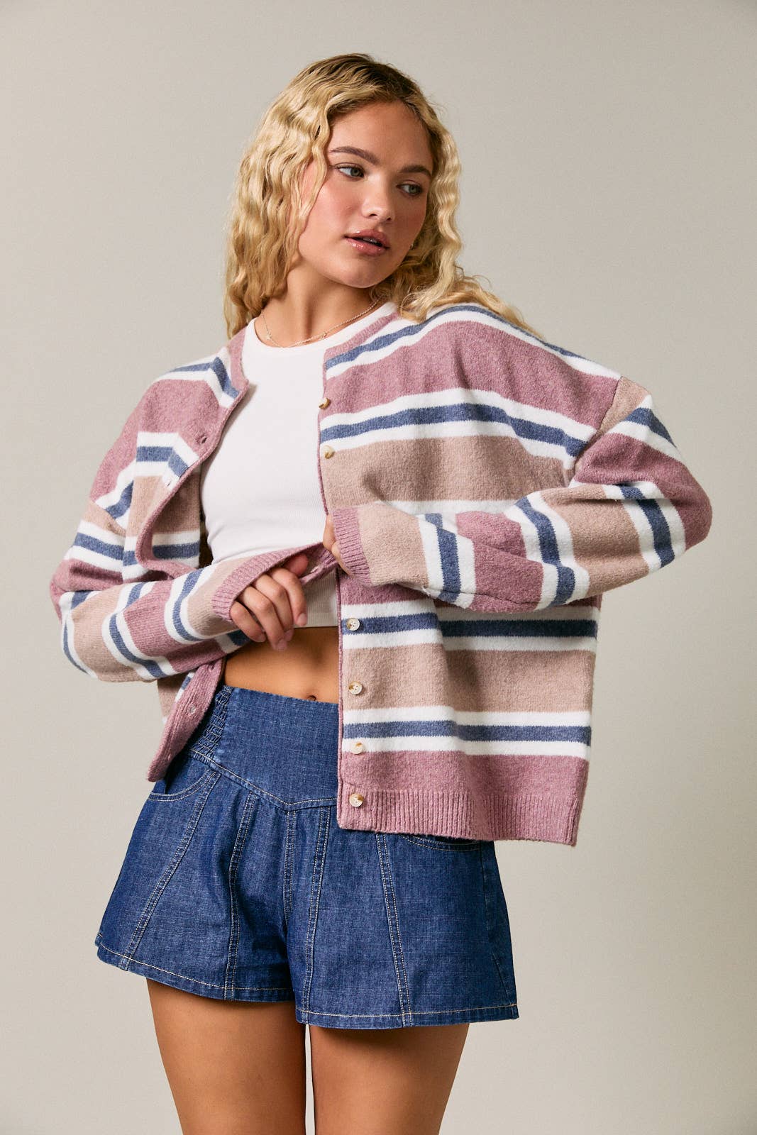 Long Sleeve Round Neck Striped Cardigan