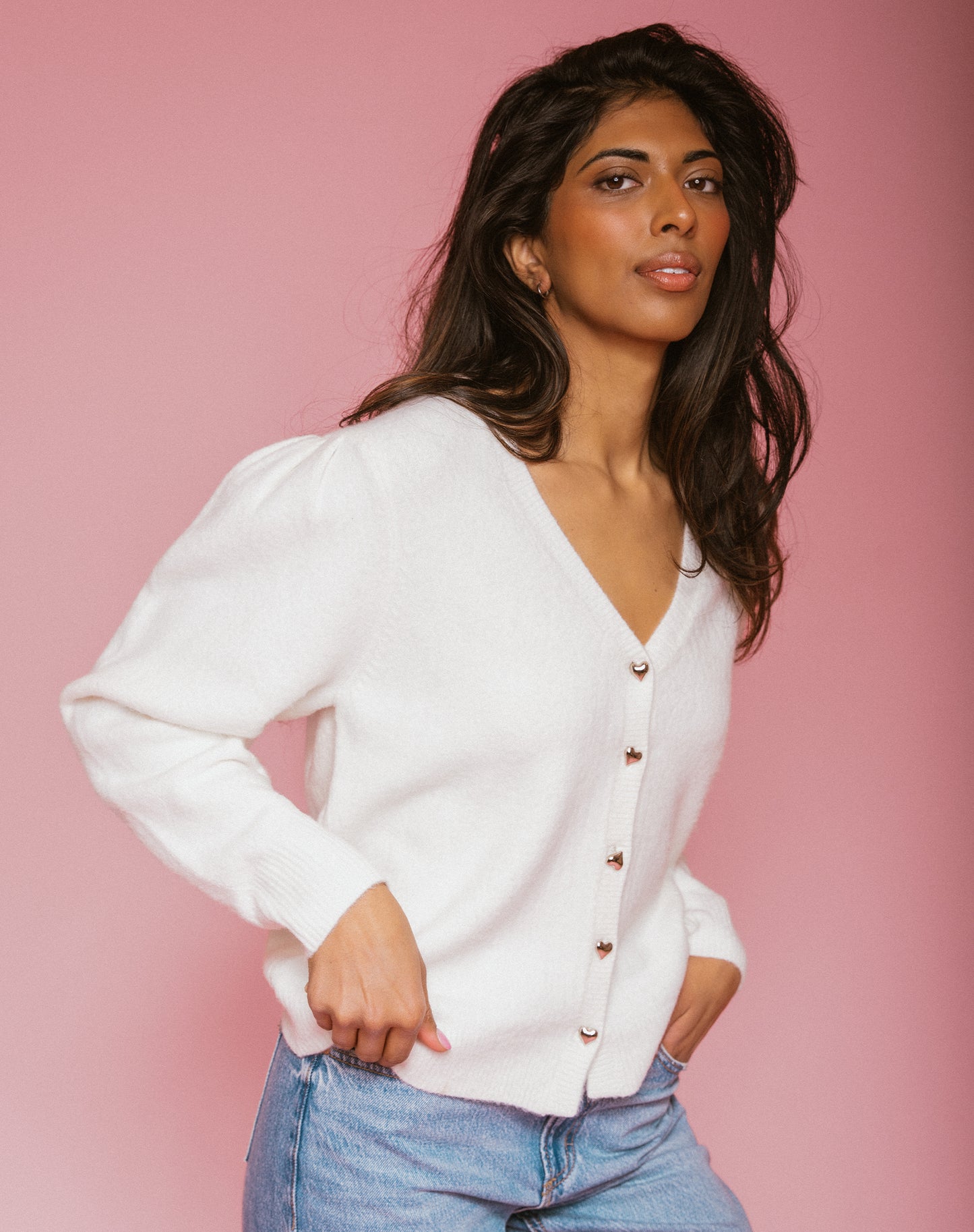 Brunette The Label Heart Button Mohair Cardigan