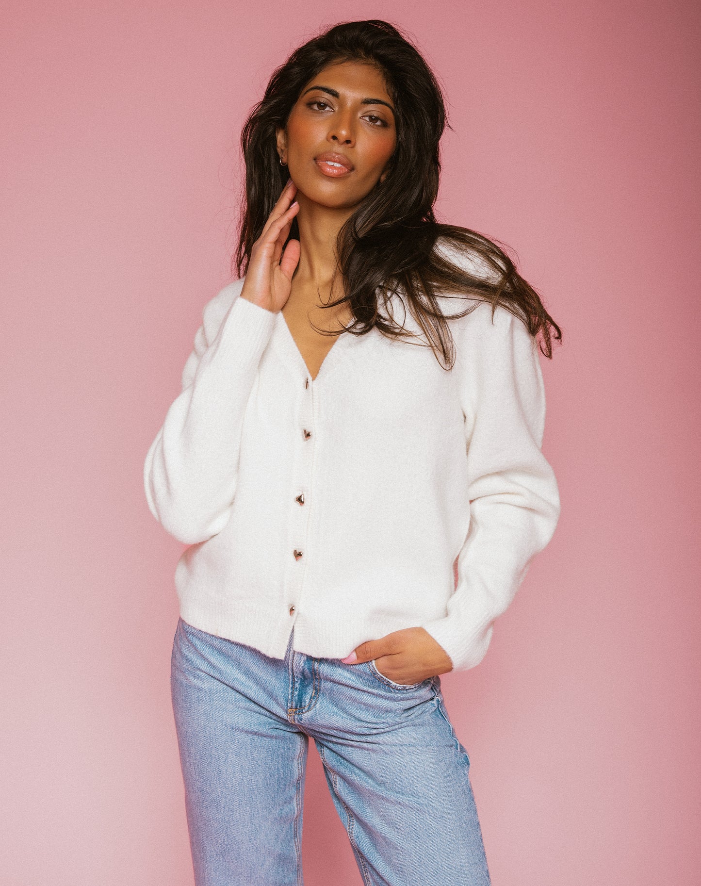 Brunette The Label Heart Button Mohair Cardigan