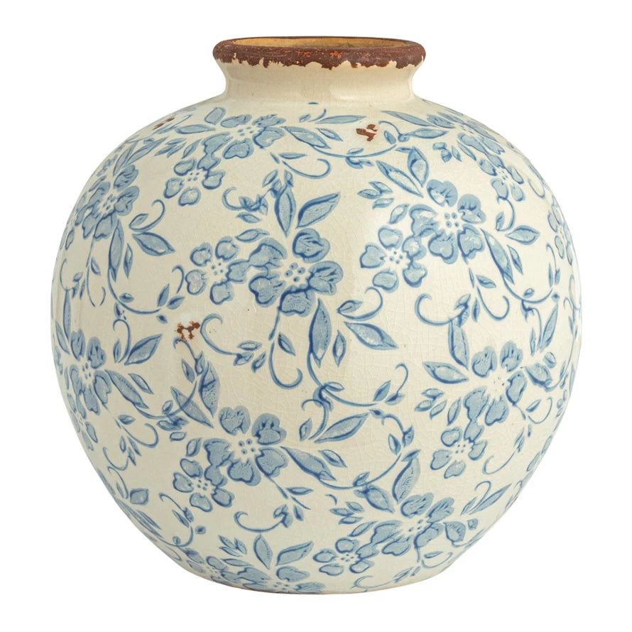 Large Terracotta Vase With Blue Pattern