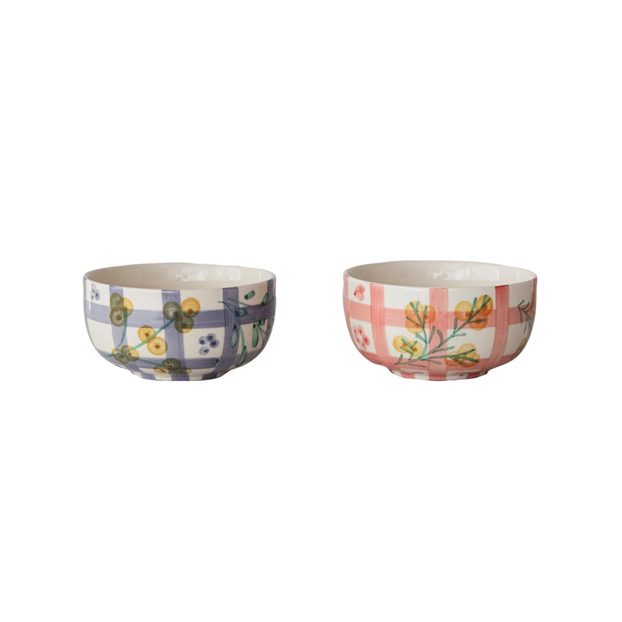 Hand Painted Stoneware Bowl With Grid Pattern