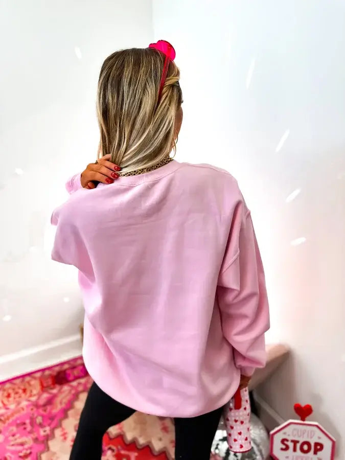 Checkered Heart Smiley Light Pink Graphic Sweatshirt