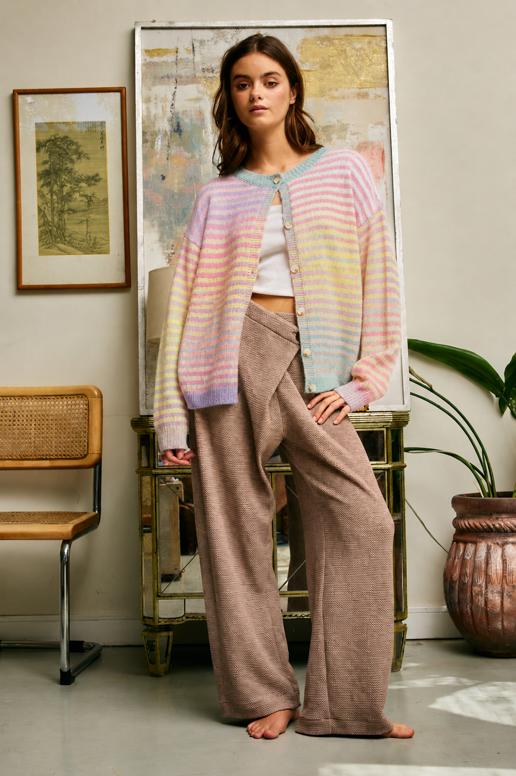 Pastel Striped Button-Down Cardigan