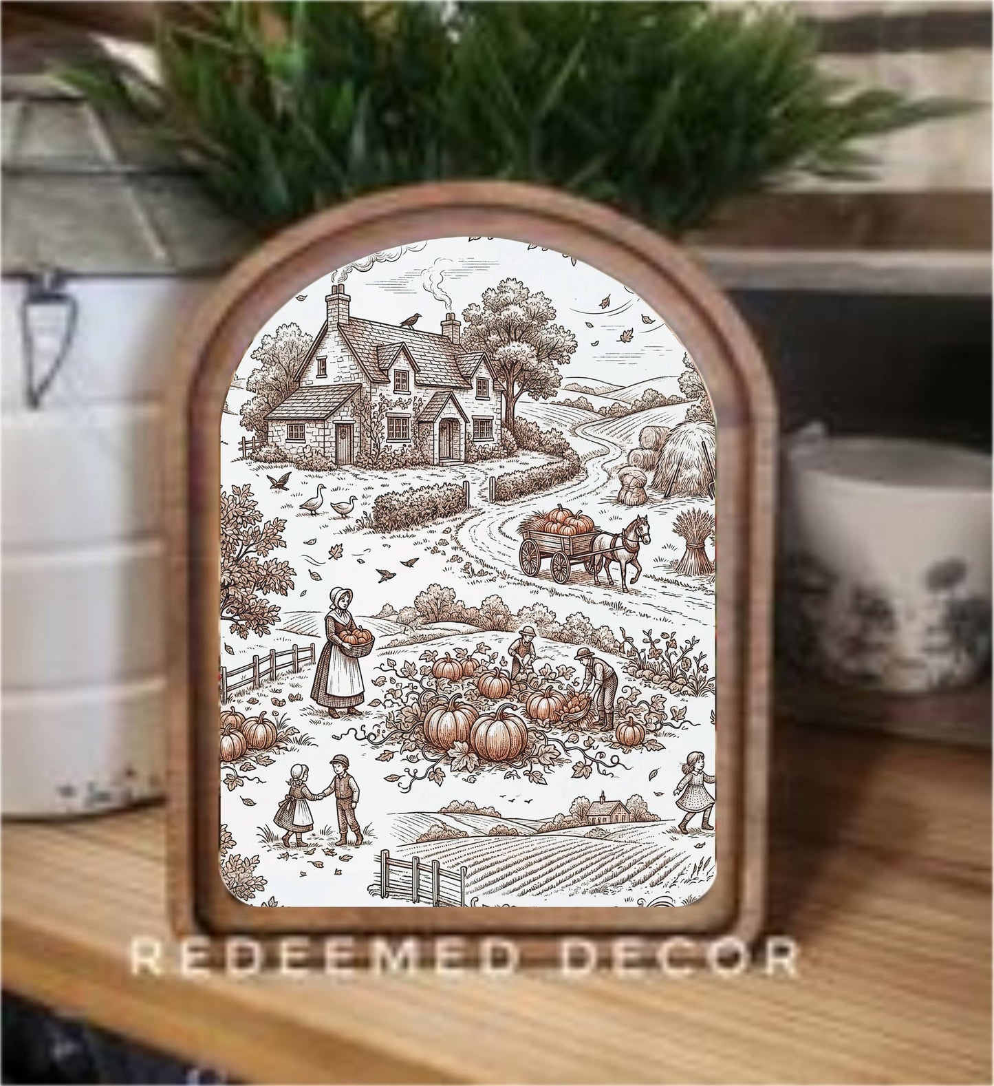 Arch Top Pumpkin Toile Framed Art : 6x8"