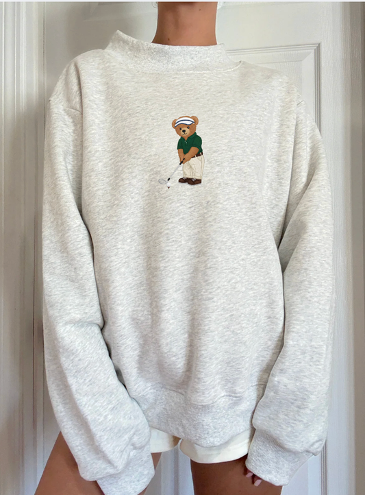 Teddy Bear Golf Embroider Mockneck Sweatshirt