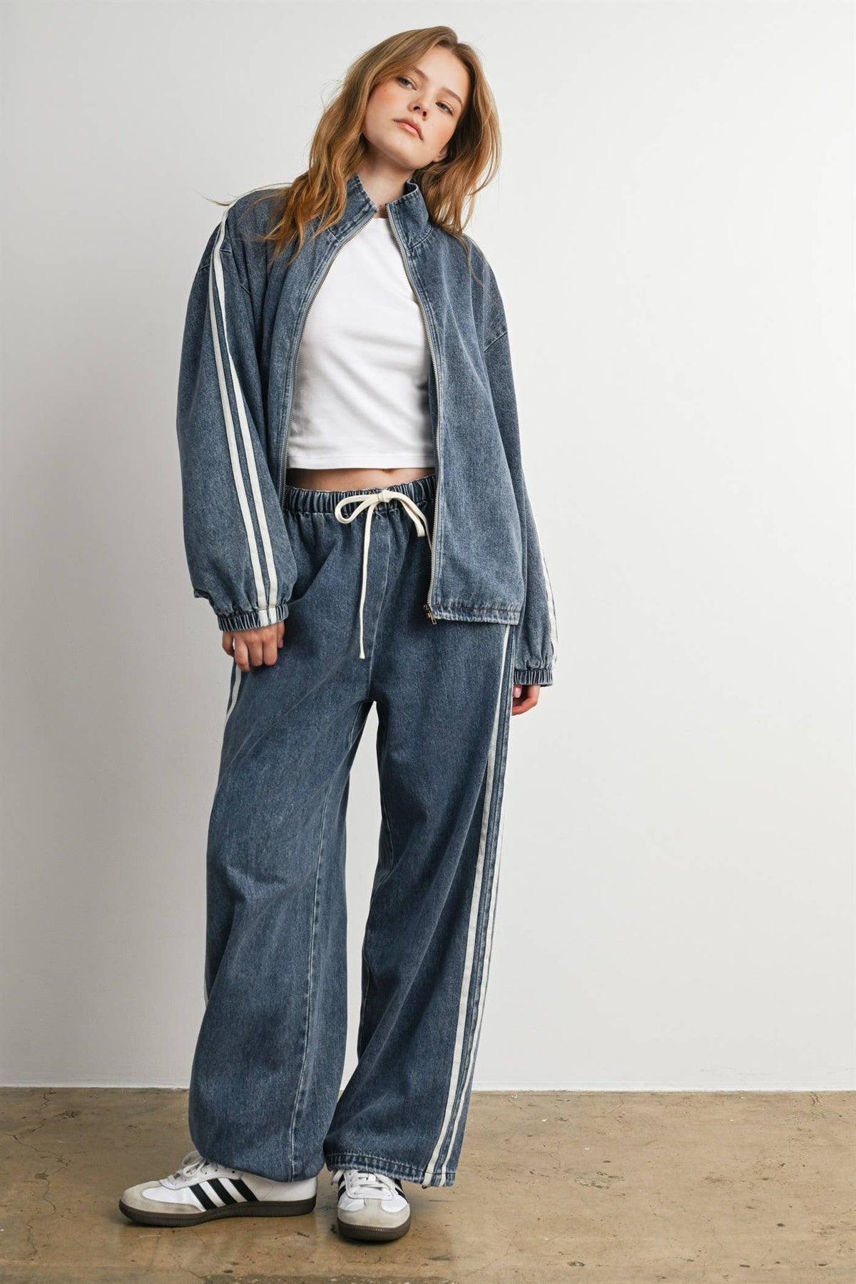 Oversized Denim Zip-Up Track Jacket