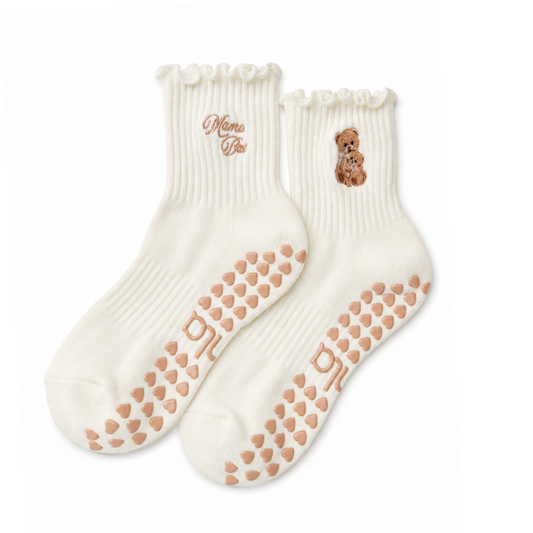 Mama Bear Double Embroidery Ruffle Pilates Grip Sock