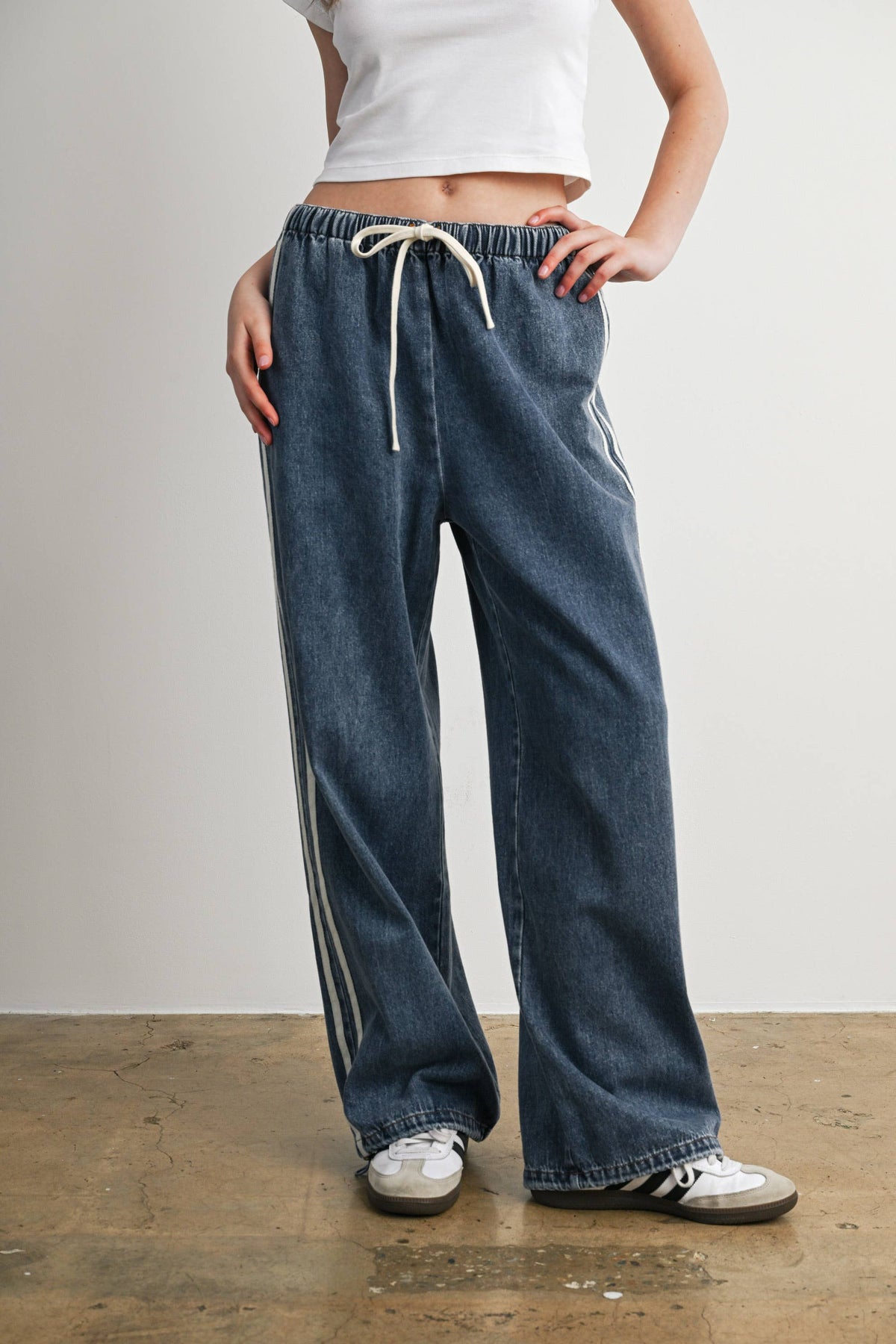 Side Stripe Wide Leg Denim Pants