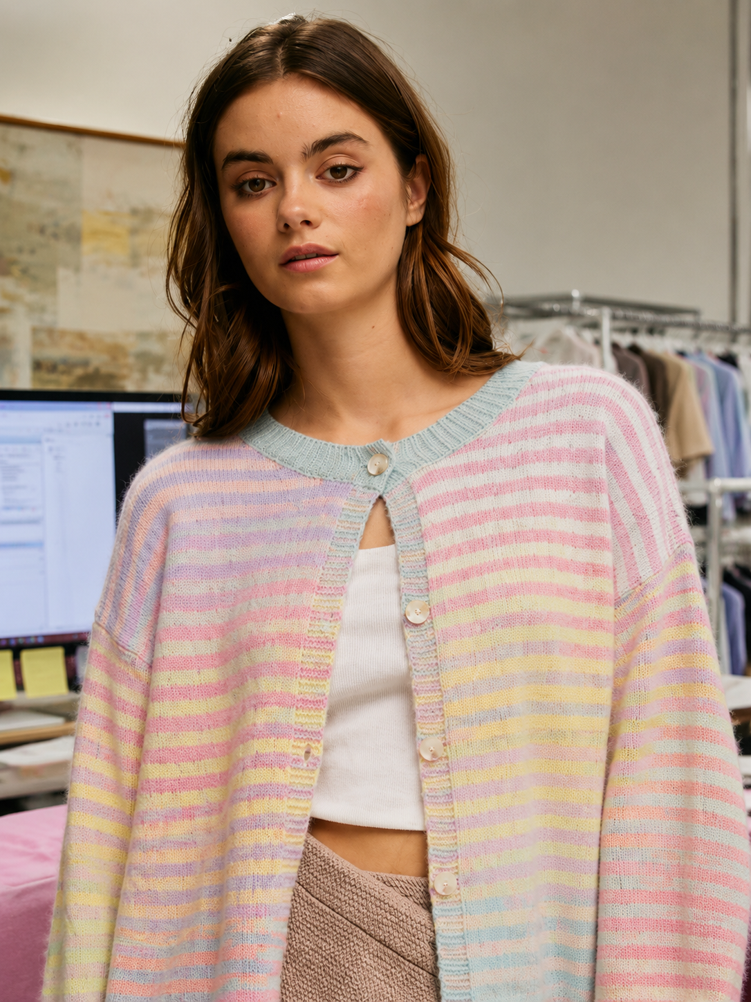 Pastel Striped Button-Down Cardigan
