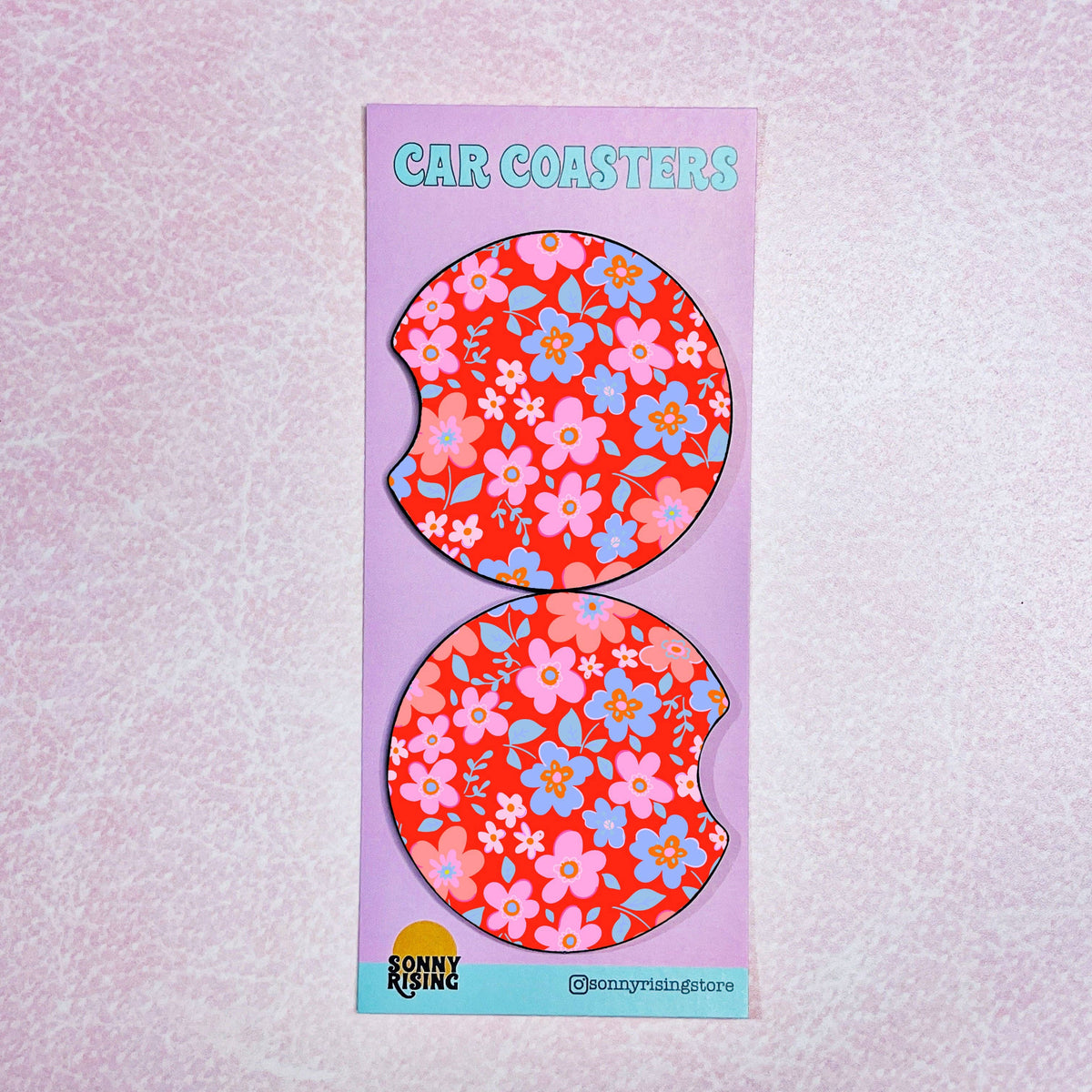 2 Car Coasters, Red Floral Pattern