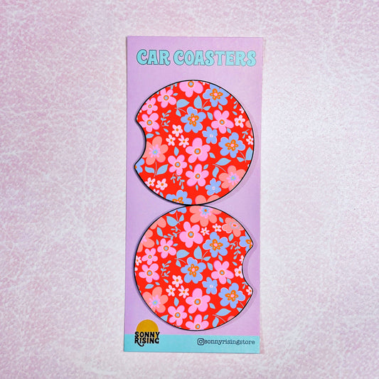 2 Car Coasters, Red Floral Pattern