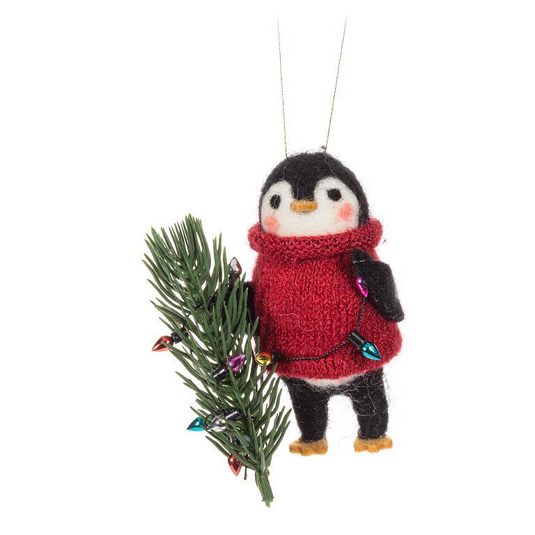 Penguin In Sweater With a Tree & Lights Ornament