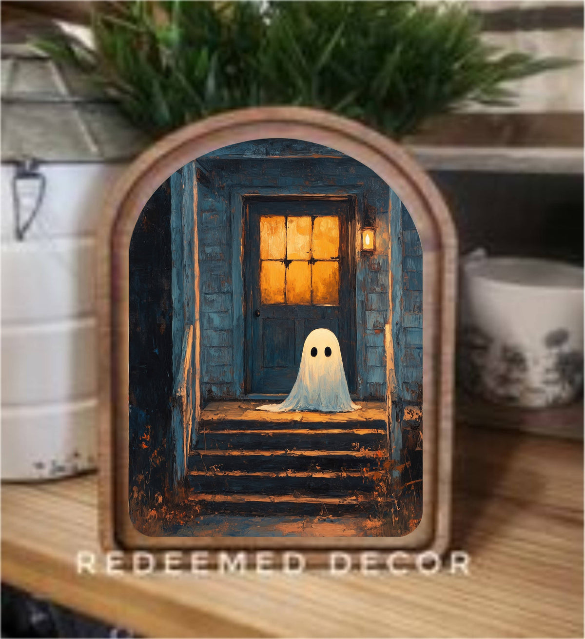 Arch Top Ghost On Porch Framed Art: 6x8"
