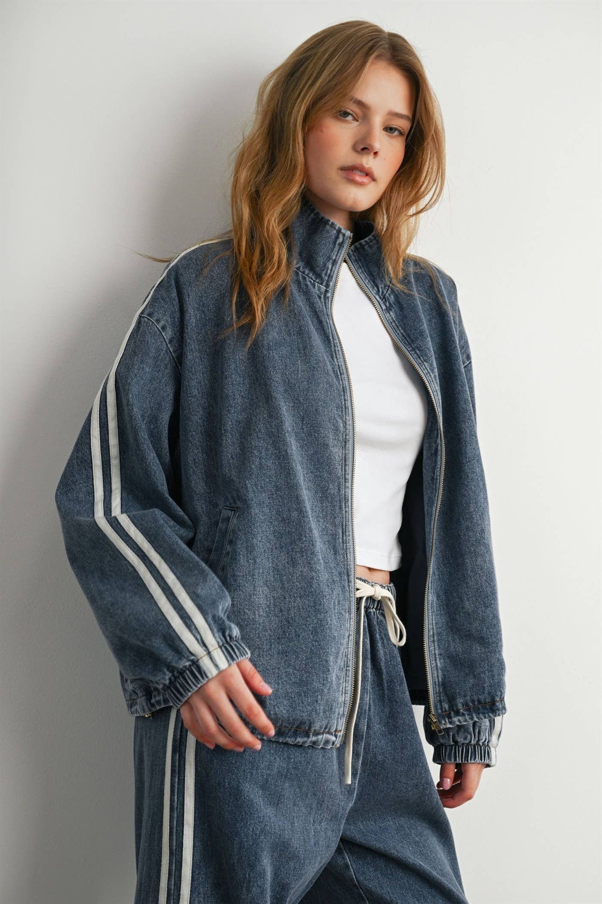 Oversized Denim Zip-Up Track Jacket