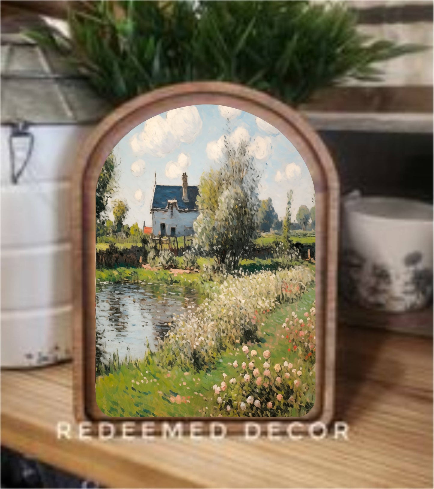 Arch Top Spring Cottage with Pond Framed Art      : 6x8"