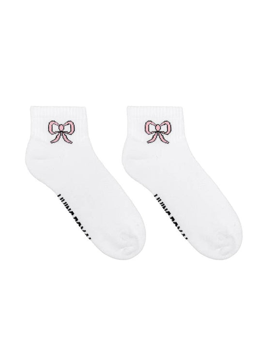 Classic Ankle Socks w/ Ribbed Tubing - Pink Bows - White