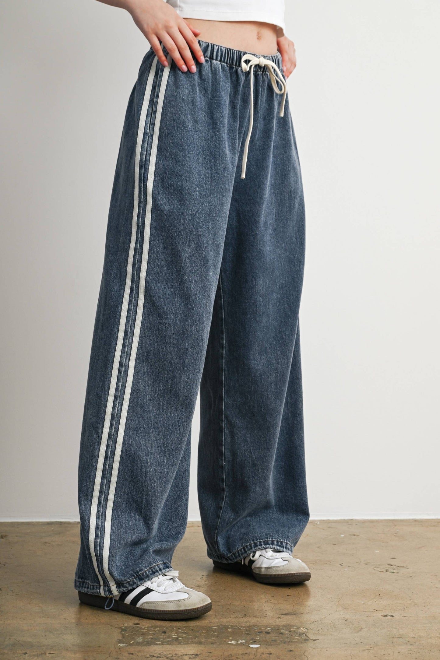Side Stripe Wide Leg Denim Pants
