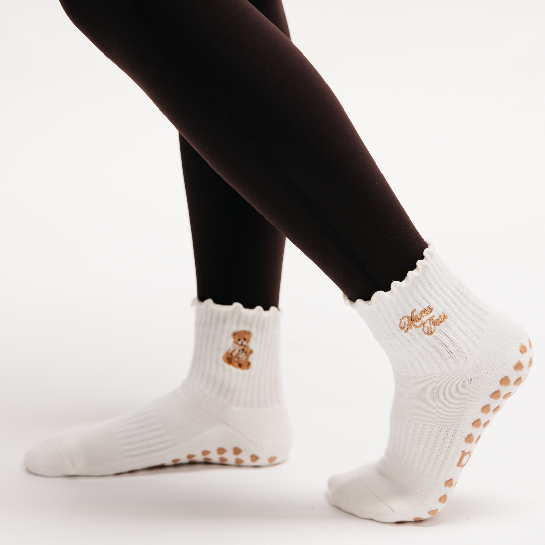 Mama Bear Double Embroidery Ruffle Pilates Grip Sock