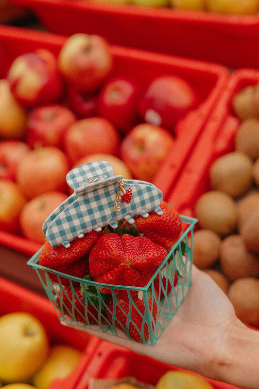 BLUE GINGHAM STRAWBERRY CHARM CLAW: MIDI
