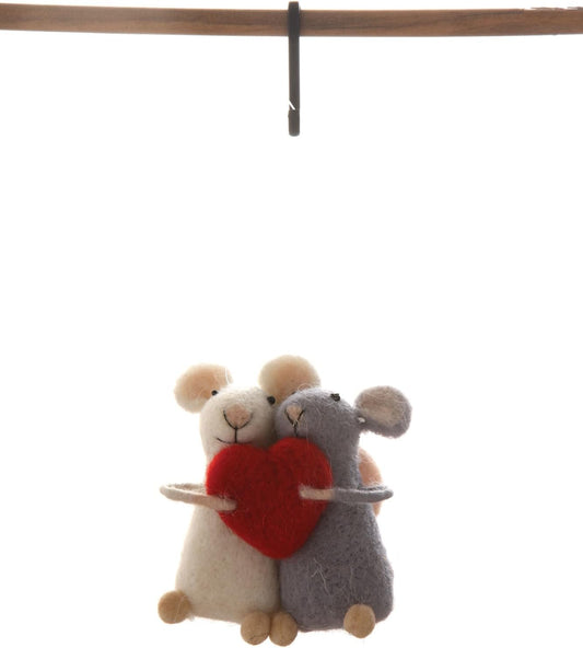 Wool Felt Mice With Heart Ornament