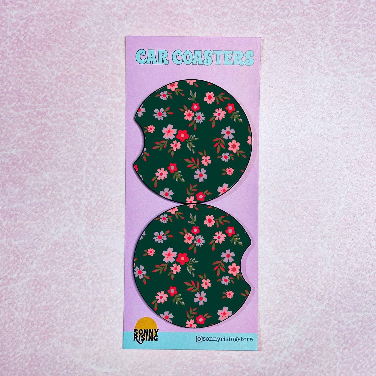 2 Car Coasters, Green Ditsy Floral Pattern