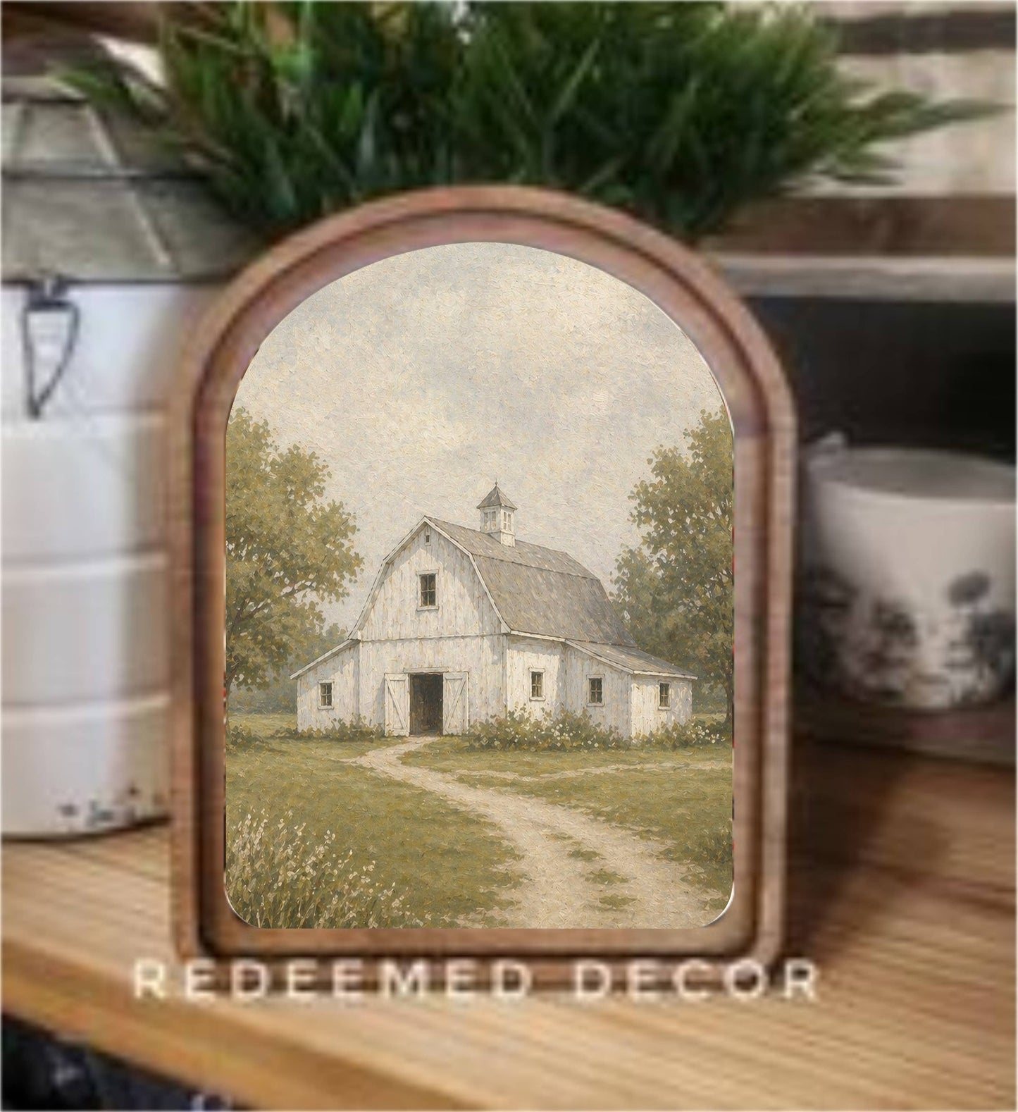 Arch Top White Barn Framed Art     : 6x8"