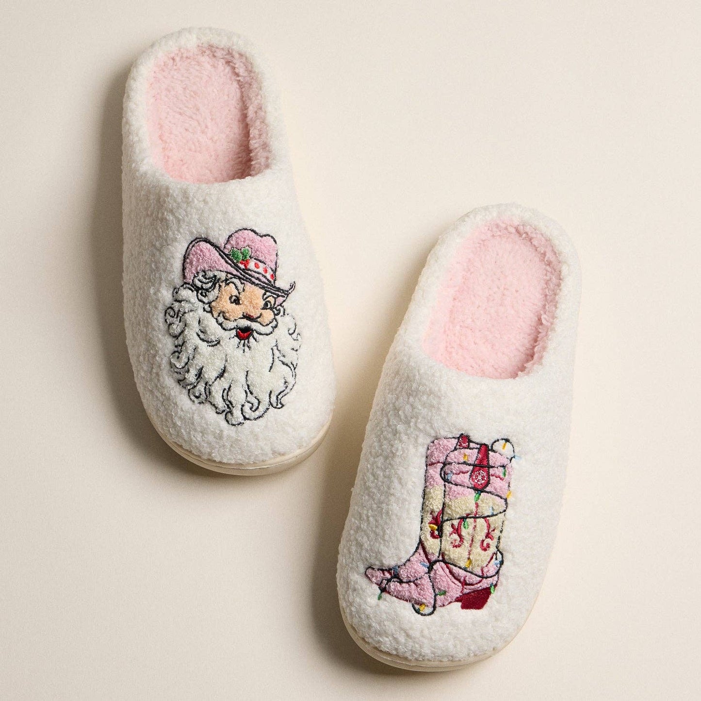 Fuzzy Holiday Slippers with Cowboy Santa and Boot Design