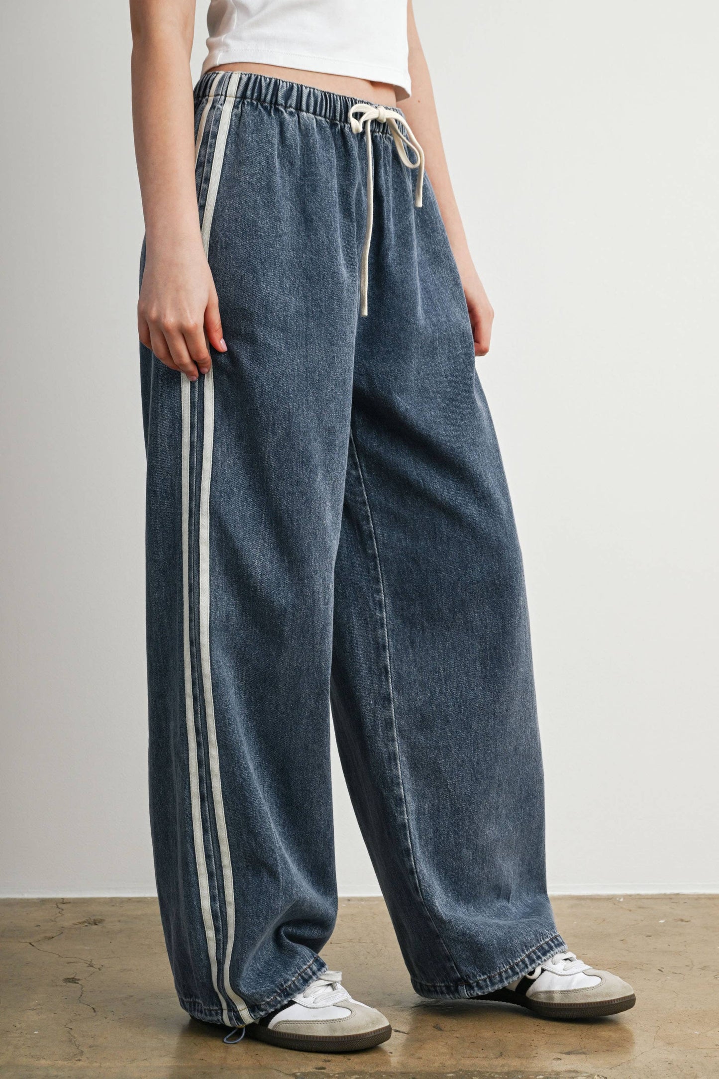 Side Stripe Wide Leg Denim Pants