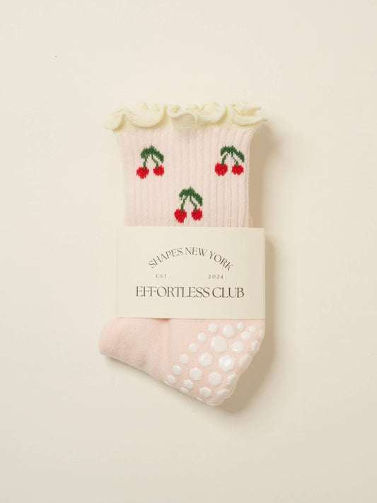 Cherry Ruffle Grip Sock [Baby Pink], Pilates Socks