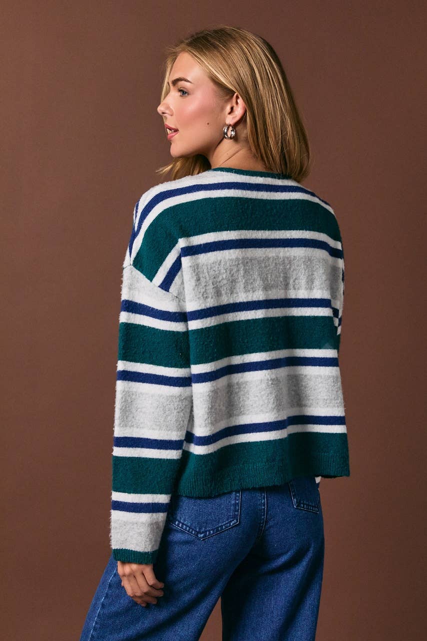 Striped Soft Knit Crew Neck Button Cardigan