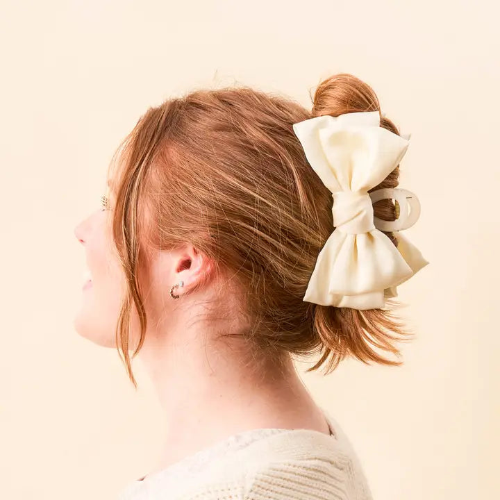 Cream Satin Bow Claw Clip