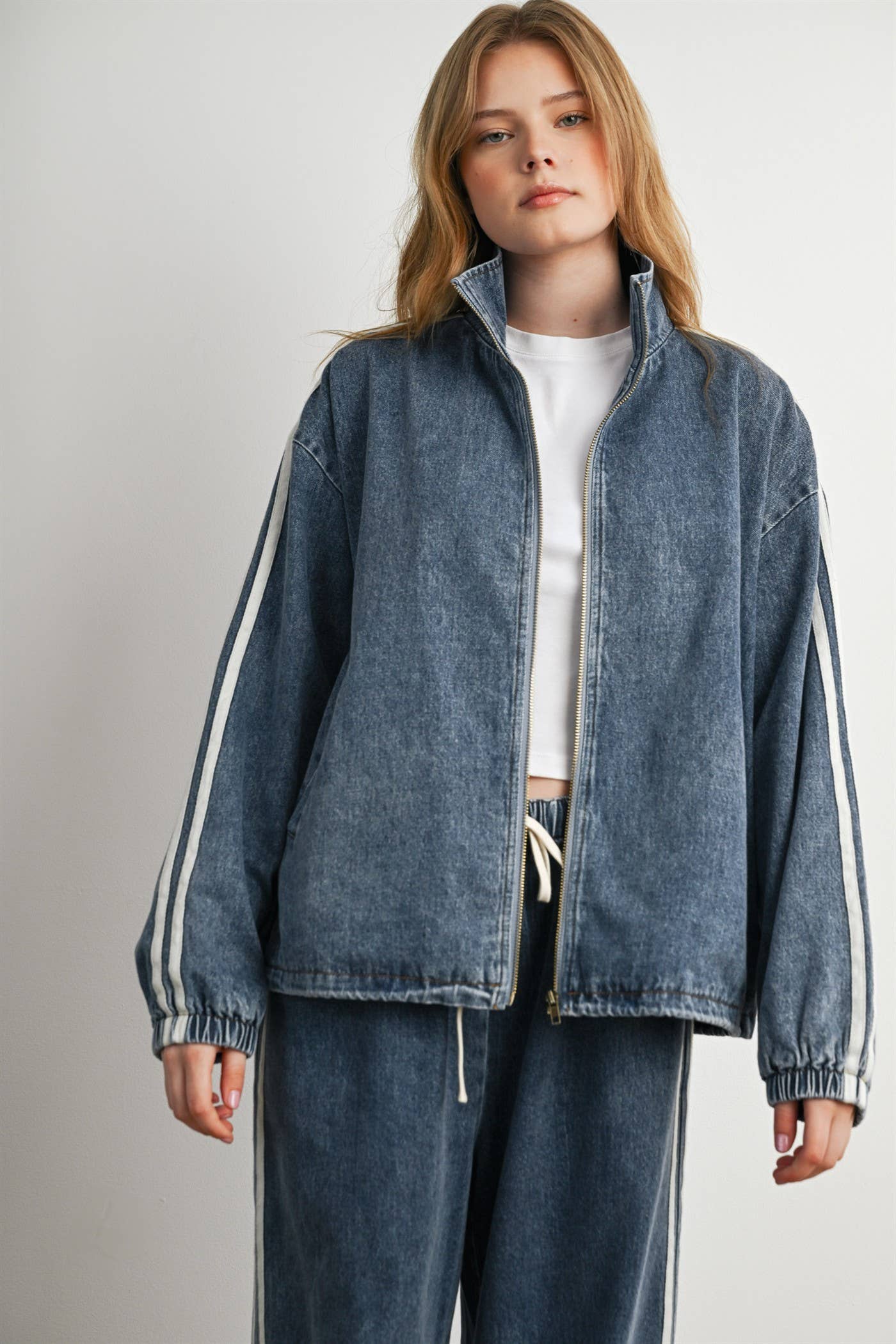 Oversized Denim Zip-Up Track Jacket