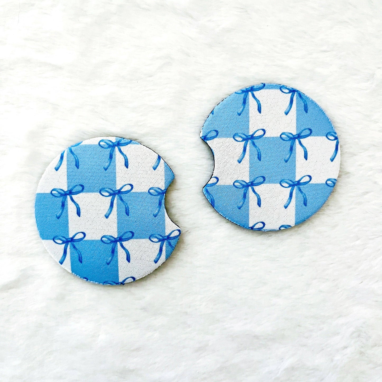 2 Car Coasters, Blue Coquette Bow & Checkered Pattern