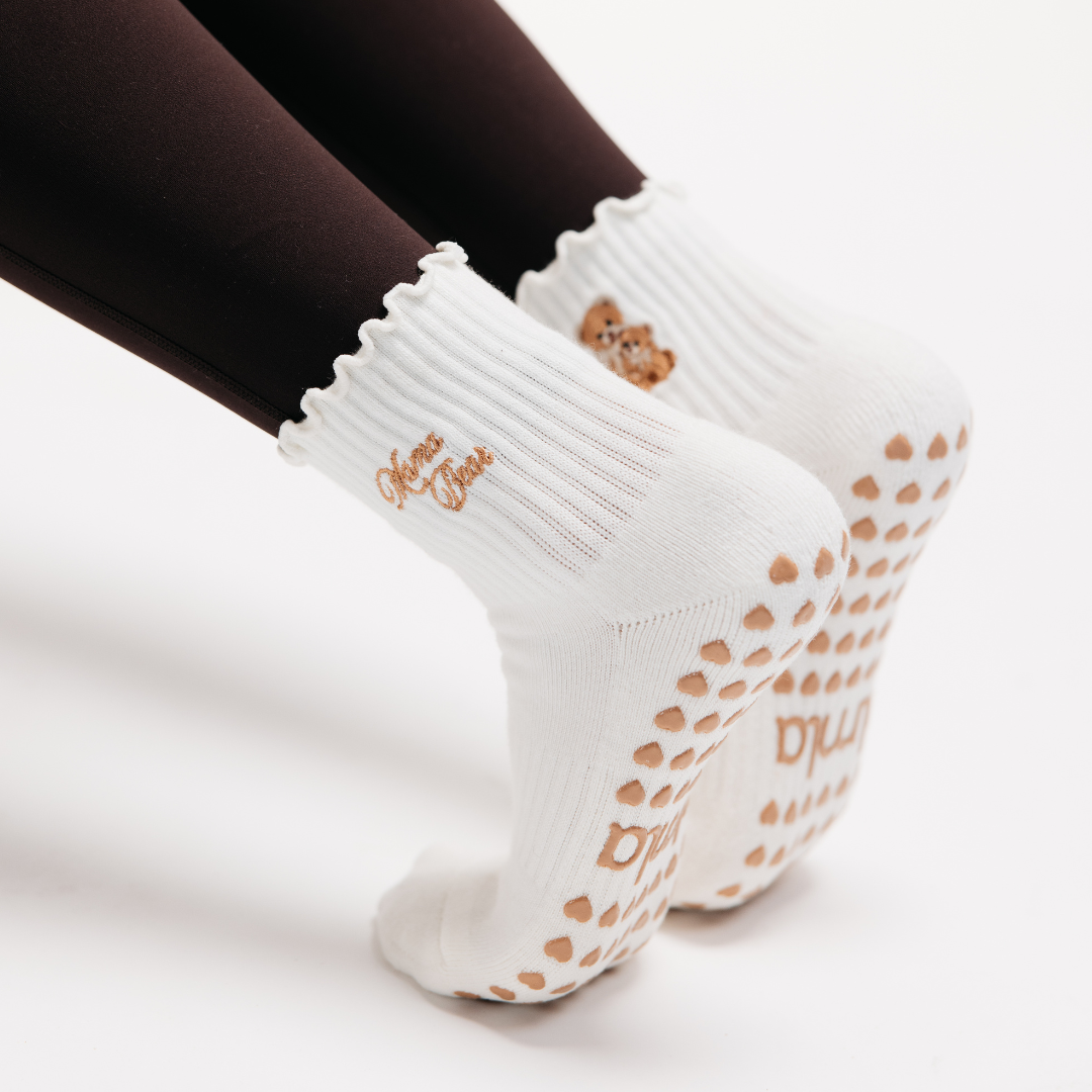Mama Bear Double Embroidery Ruffle Pilates Grip Sock