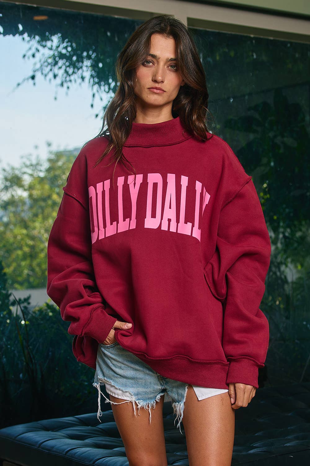 Burgundy Dilly Dally Mockneck Sweatshirt