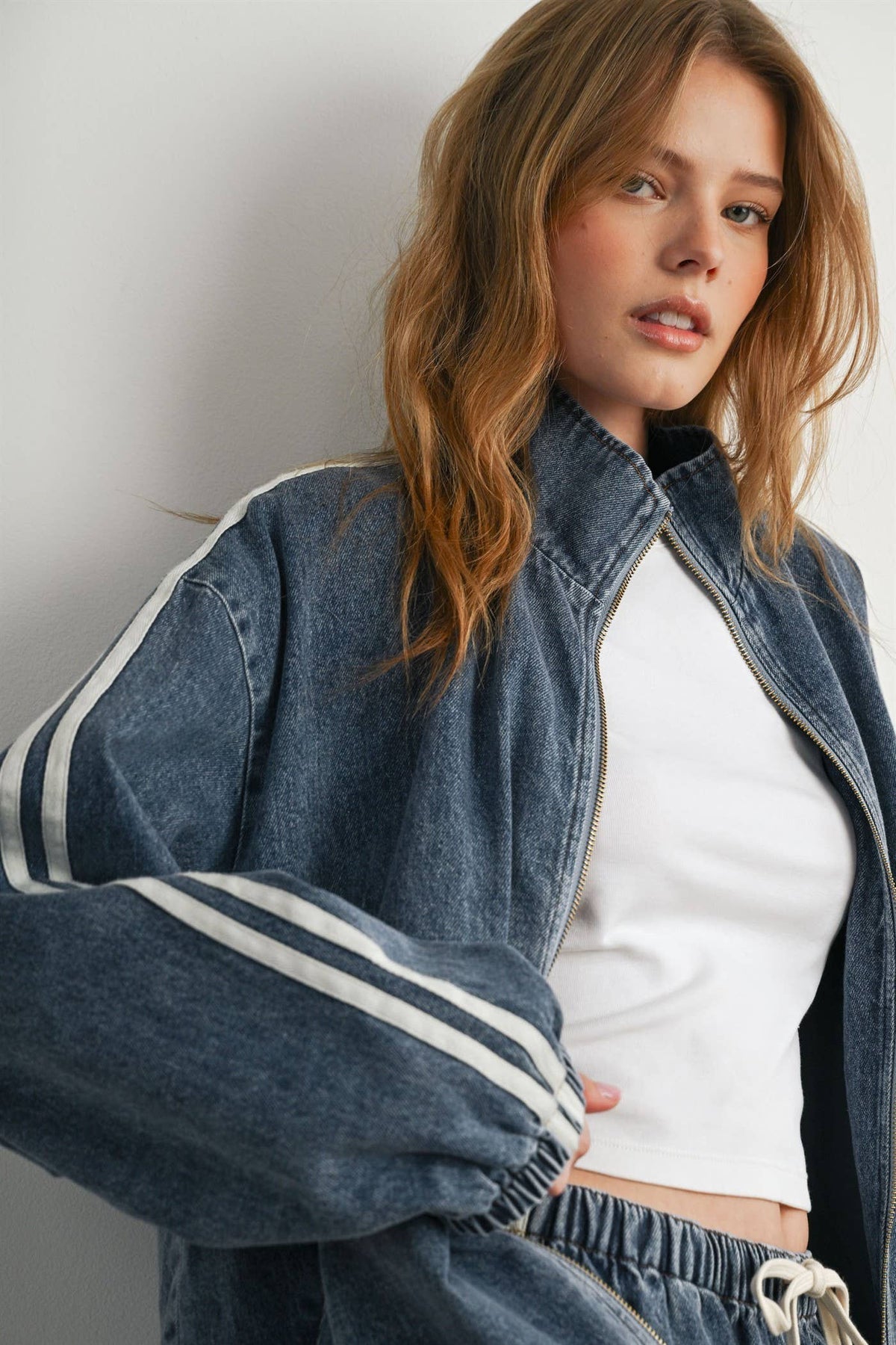 Oversized Denim Zip-Up Track Jacket