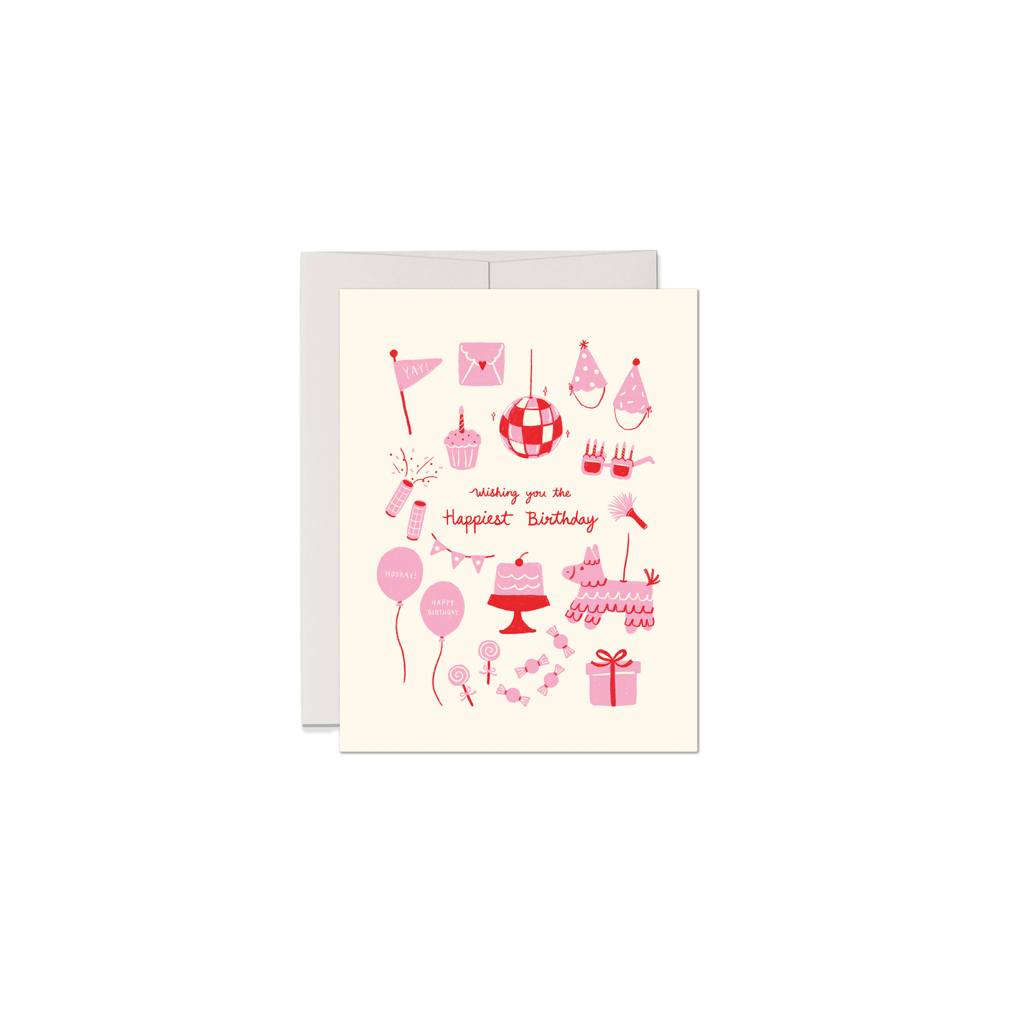 Pink Birthday Greeting Card with Birthday Party Illustration