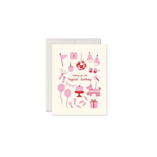 Pink Birthday Greeting Card with Birthday Party Illustration