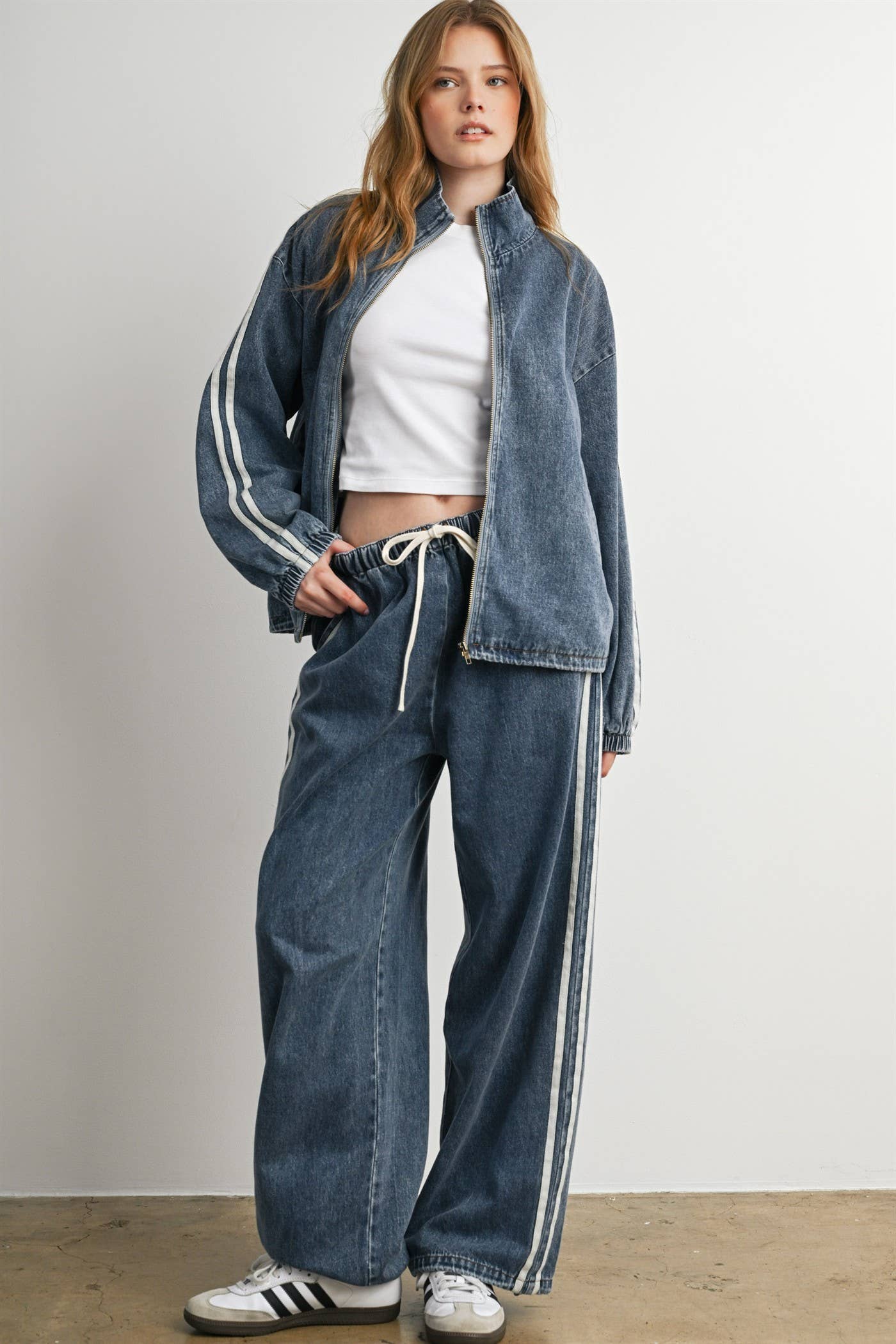 Oversized Denim Zip-Up Track Jacket