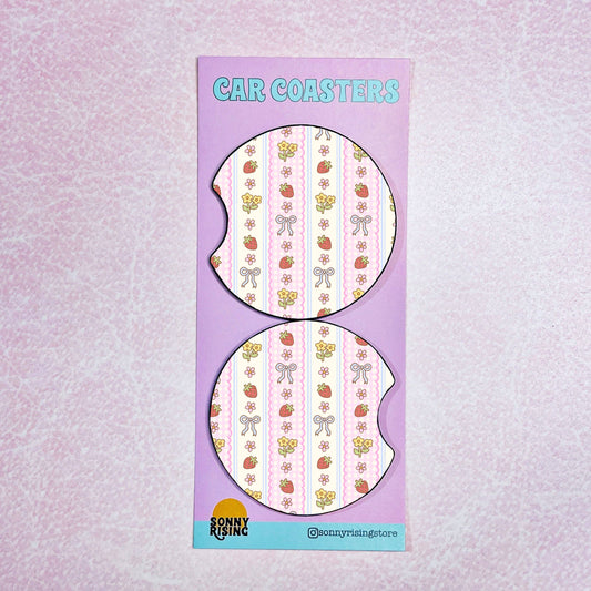 2 Car Coasters, Strawberry Ribbon Pattern