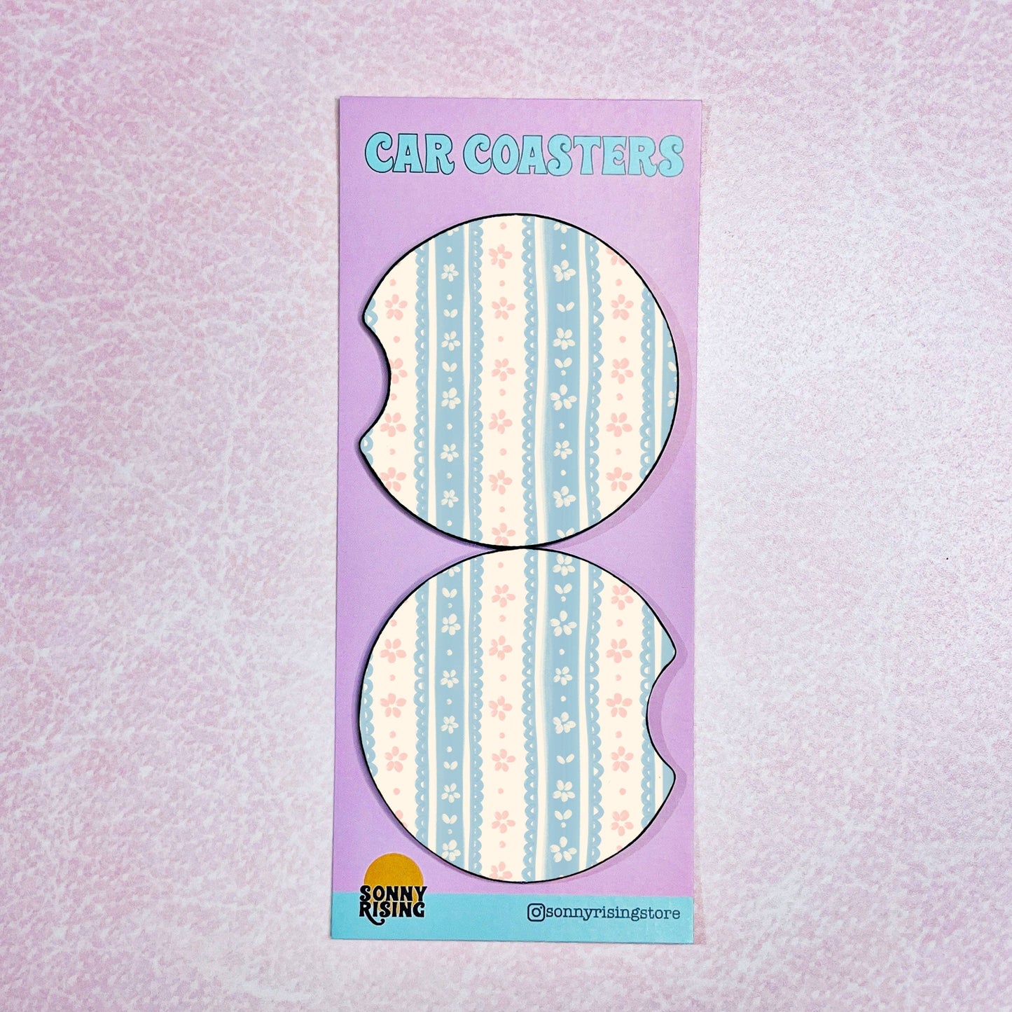 2 Car Coasters, Blue Floral Ribbon Pattern