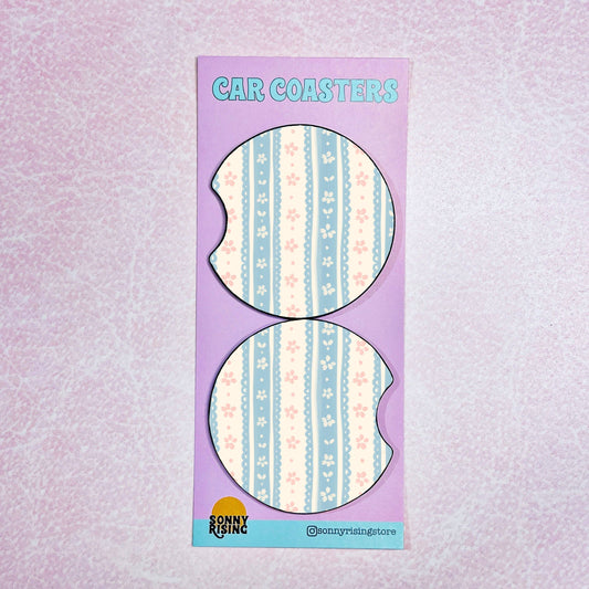 2 Car Coasters, Blue Floral Ribbon Pattern