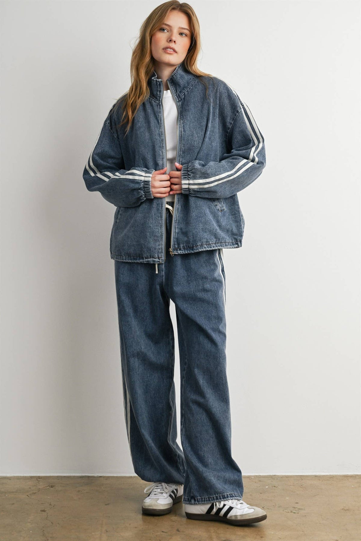 Oversized Denim Zip-Up Track Jacket