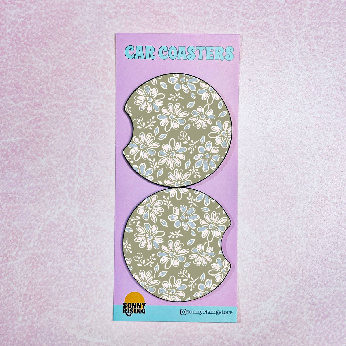 2 Car Coasters, Green Floral Pattern
