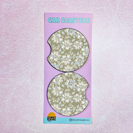 2 Car Coasters, Green Floral Pattern