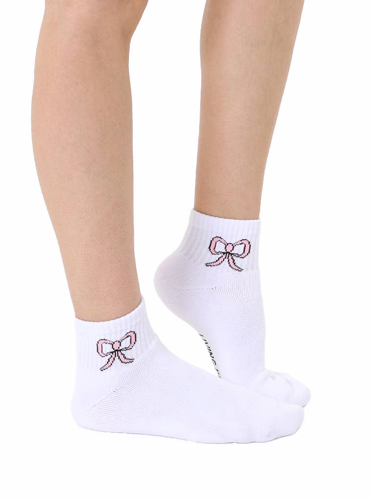Classic Ankle Socks w/ Ribbed Tubing - Pink Bows - White