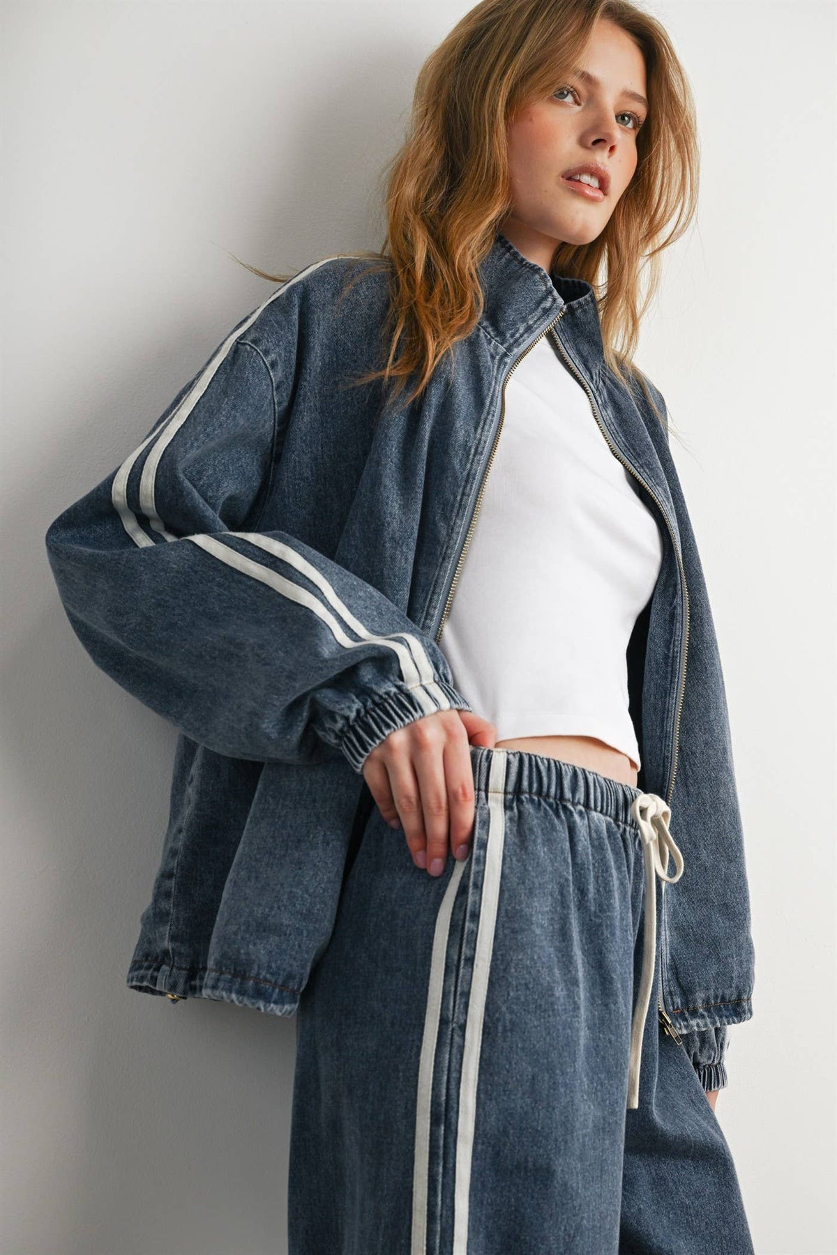 Oversized Denim Zip-Up Track Jacket