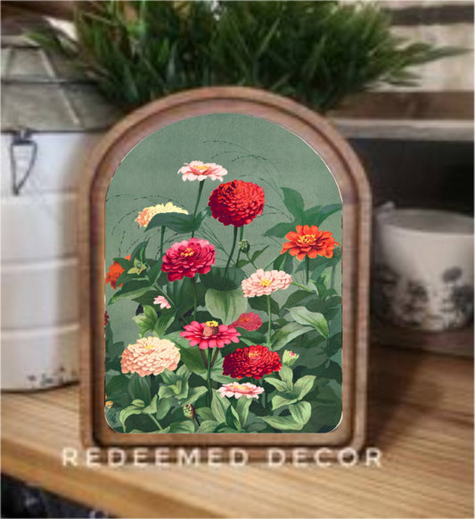 Arch Top Vintage Zinnias Framed Art    : 6x8"